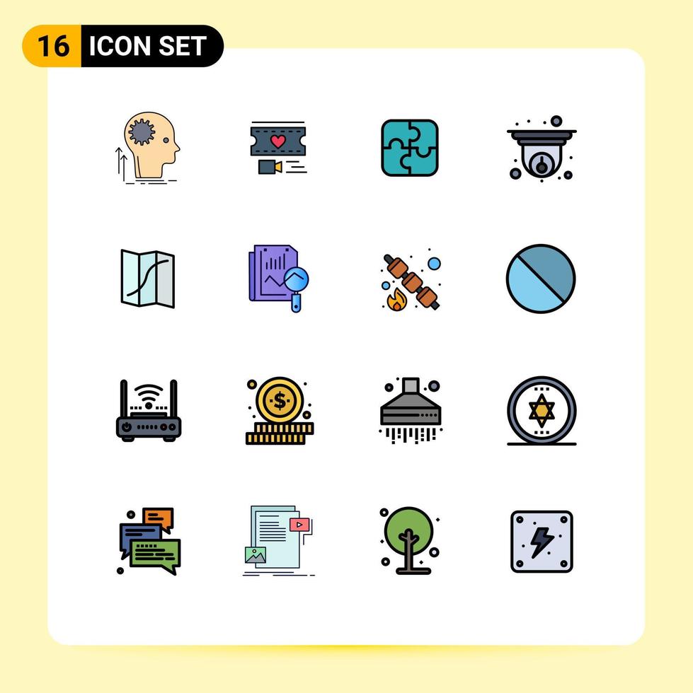 16 Universal Flat Color Filled Lines Set for Web and Mobile Applications map security wedding cctv teamwork Editable Creative Vector Design Elements
