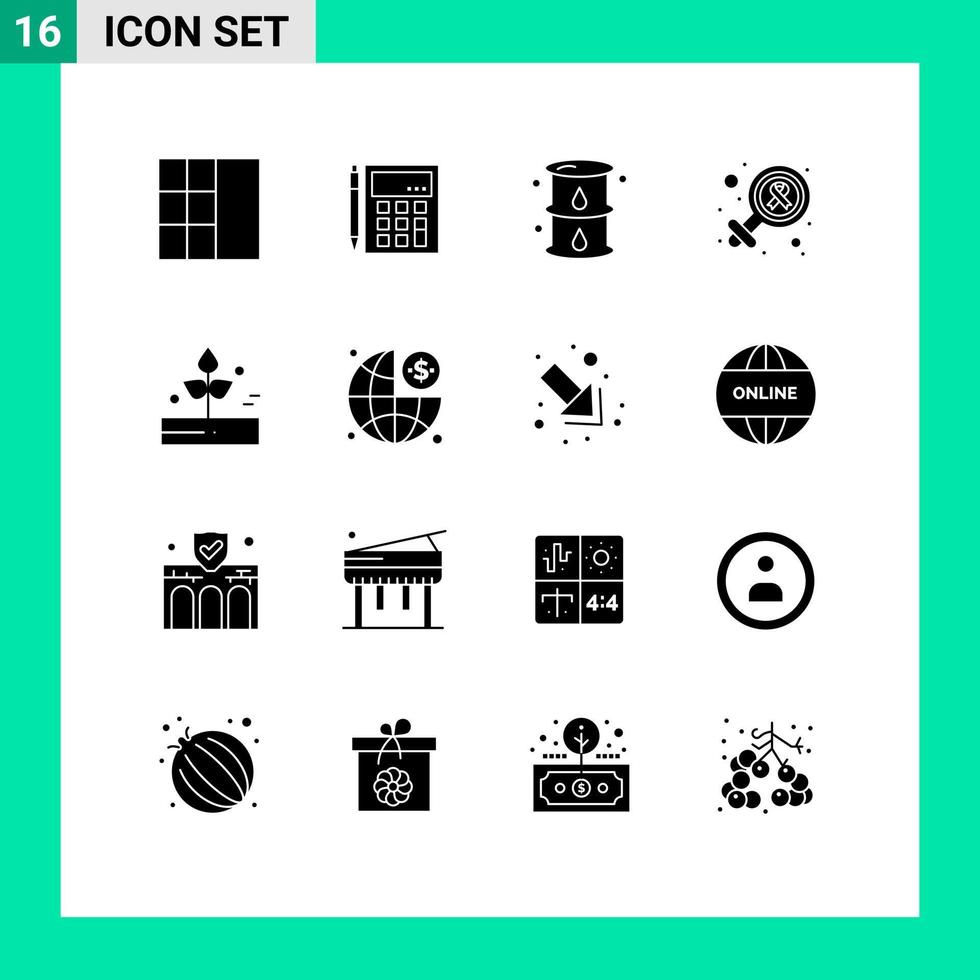 conjunto moderno de 16 glifos y símbolos sólidos, como el día del cáncer, género, matemáticas, aceite femenino, elementos de diseño vectorial editables vector