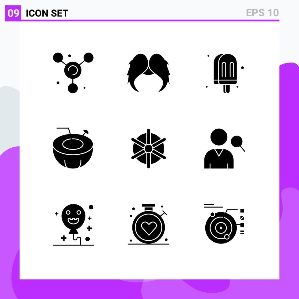 Group of 9 Solid Glyphs Signs and Symbols for ship holiday drink coconut water coconut Editable Vector Design Elements