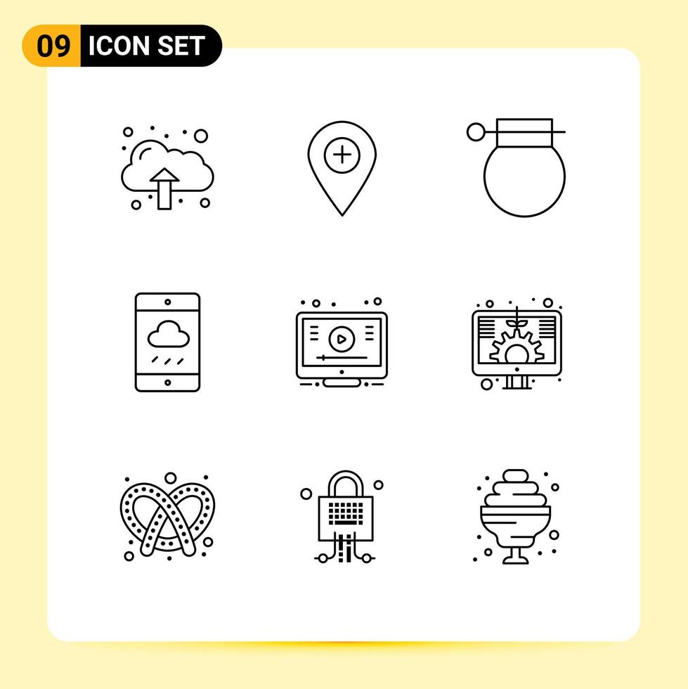 9 User Interface Outline Pack of modern Signs and Symbols of learn weather army cloud weapon Editable Vector Design Elements