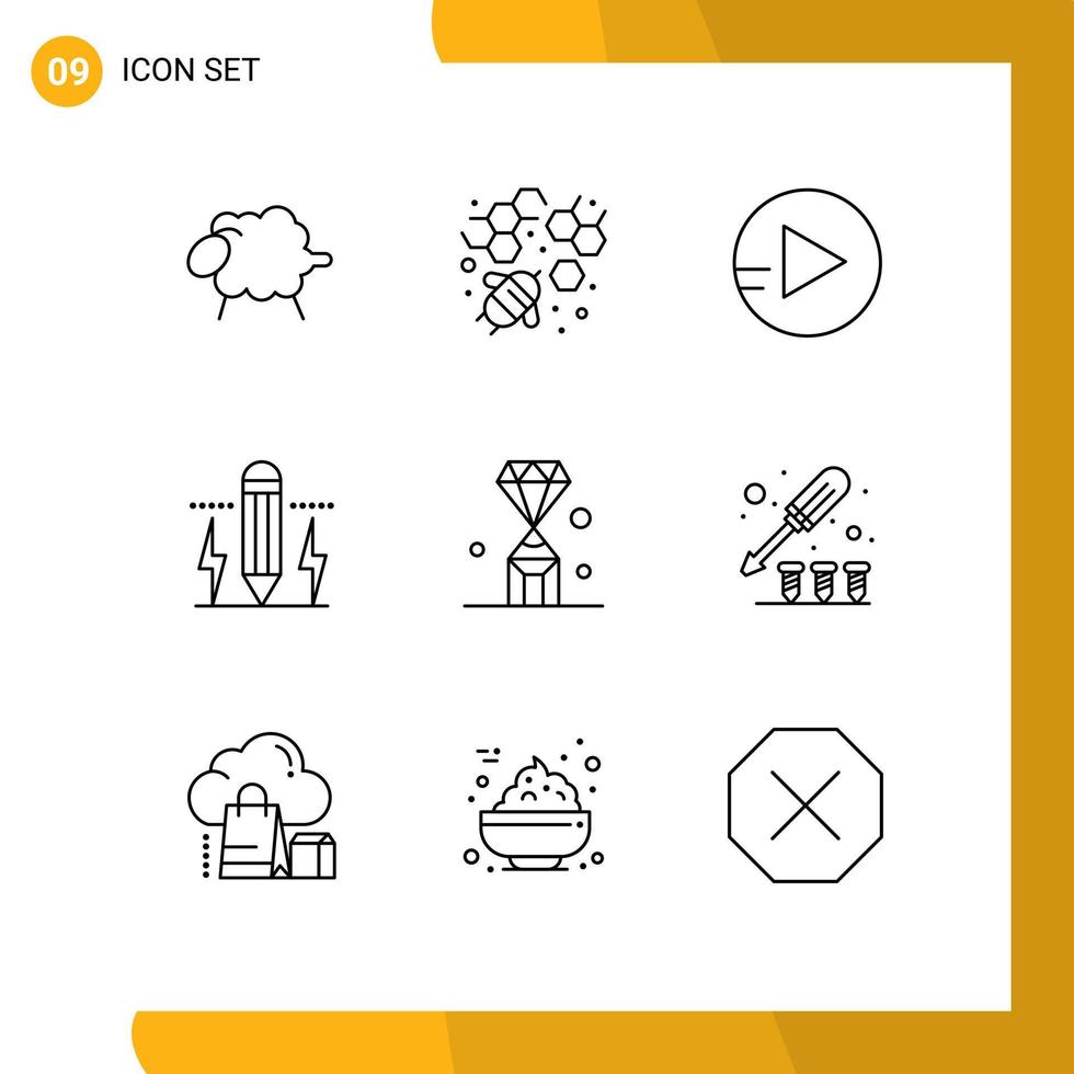 9 Universal Outline Signs Symbols of pen diamond play gems bolt Editable Vector Design Elements