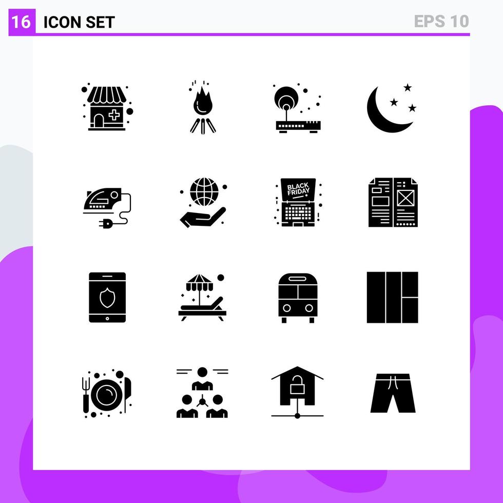 Pack of 16 Modern Solid Glyphs Signs and Symbols for Web Print Media such as electric moon access half moon router Editable Vector Design Elements