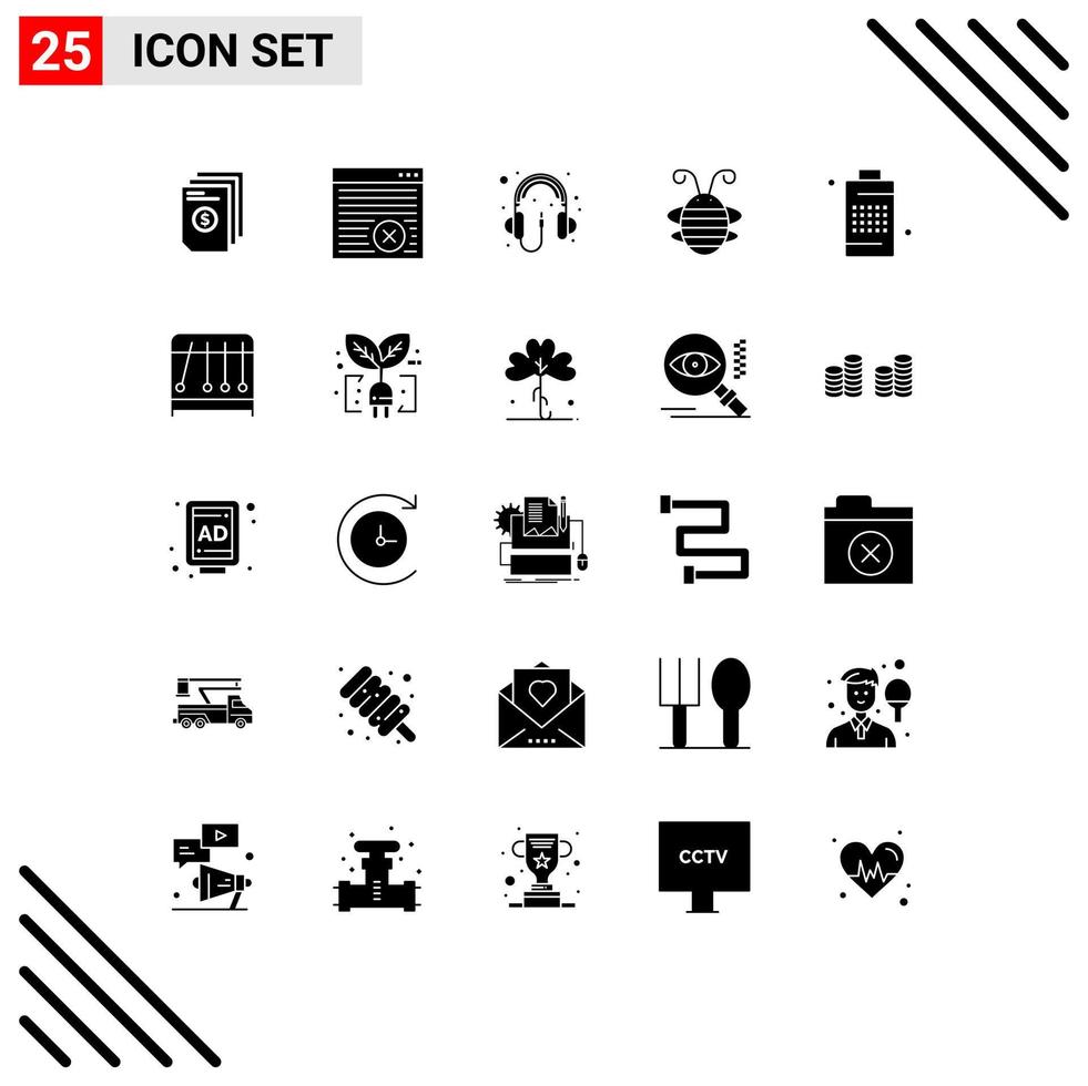 Set of 25 Commercial Solid Glyphs pack for ladybug bug webpage beetle headphone Editable Vector Design Elements