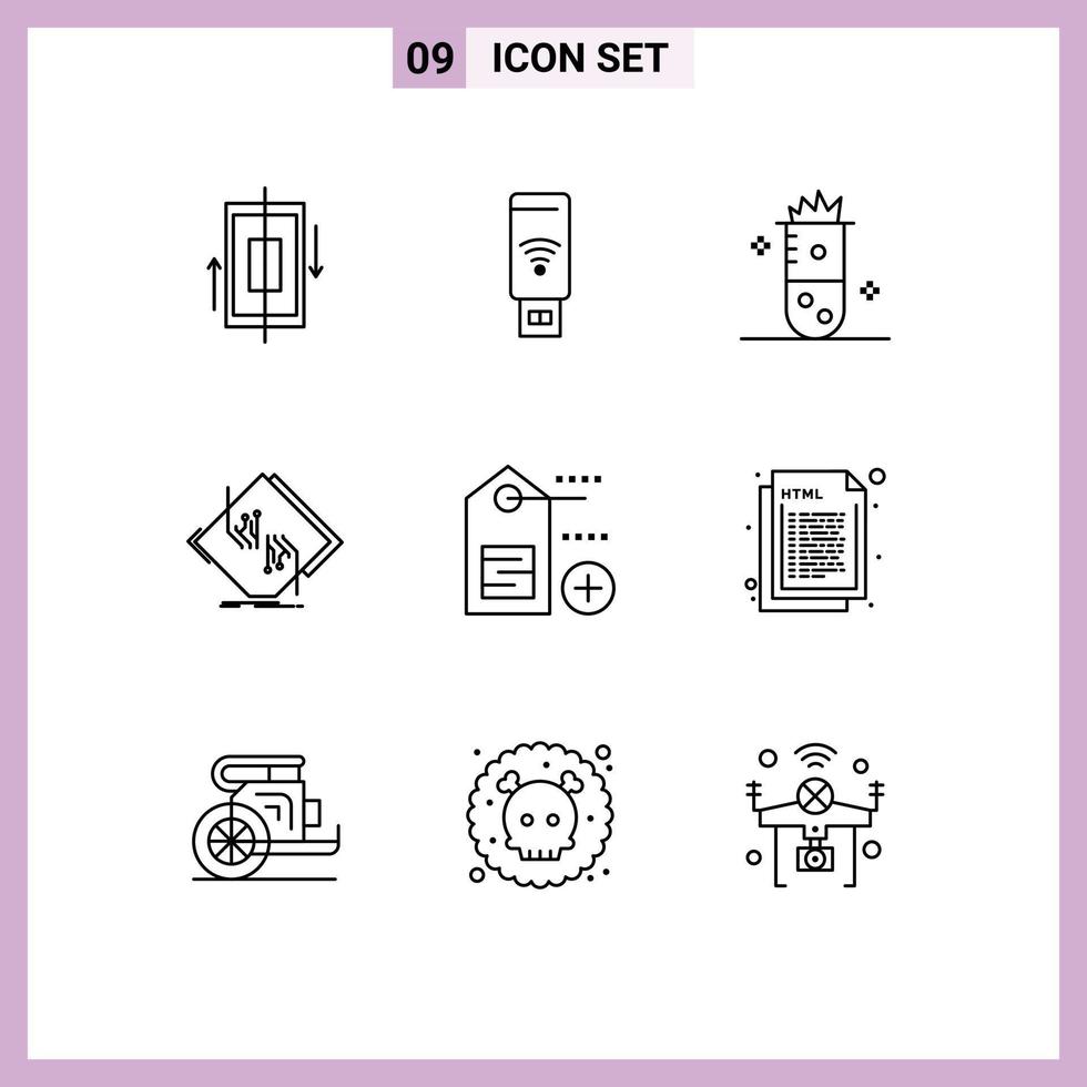 Mobile Interface Outline Set of 9 Pictograms of network chip signal board nuclear fission Editable Vector Design Elements