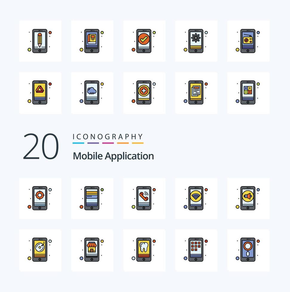 20 Mobile Application Line Filled Color icon Pack like volume wifi app phone app vector