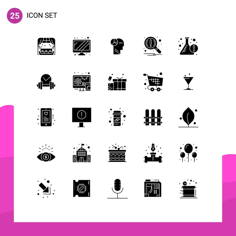 Group of 25 Modern Solid Glyphs Set for flask beaker head search magnifier Editable Vector Design Elements