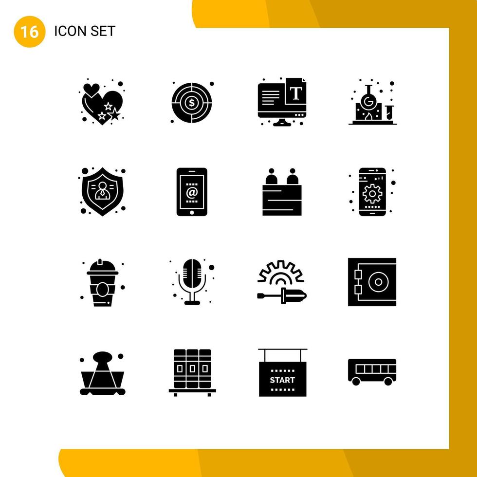 Group of 16 Solid Glyphs Signs and Symbols for protect action text study laboratory Editable Vector Design Elements