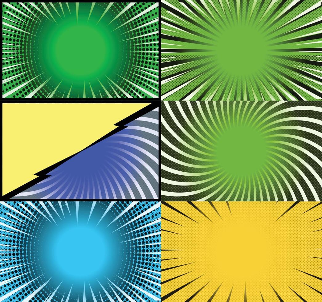 Comic book colorful frames background with halftone rays radial and dotted effects pop art style vector