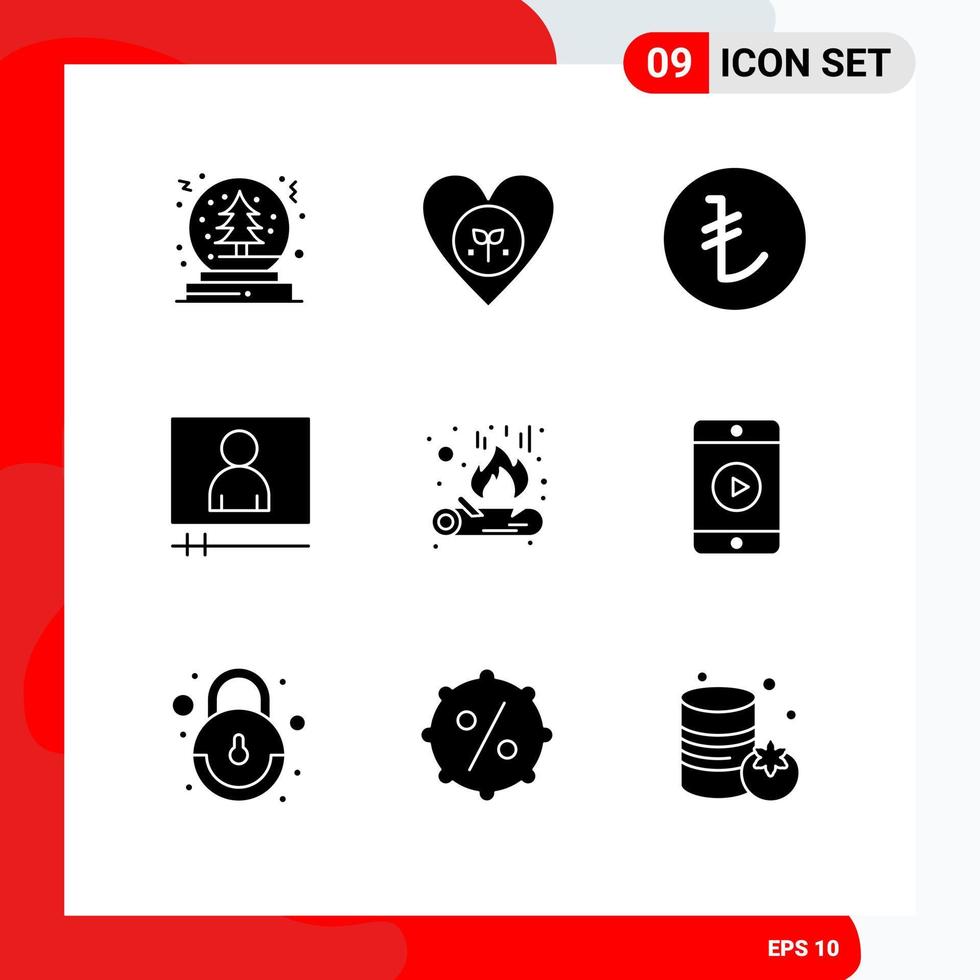 Set of 9 Modern UI Icons Symbols Signs for flame bonfire like video player video Editable Vector Design Elements
