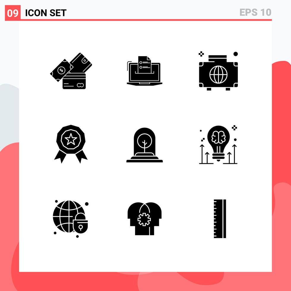 Modern Set of 9 Solid Glyphs Pictograph of award international online global bag Editable Vector Design Elements