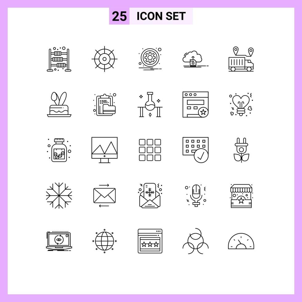 Line Pack of 25 Universal Symbols of delivery data gear save cloud Editable Vector Design Elements