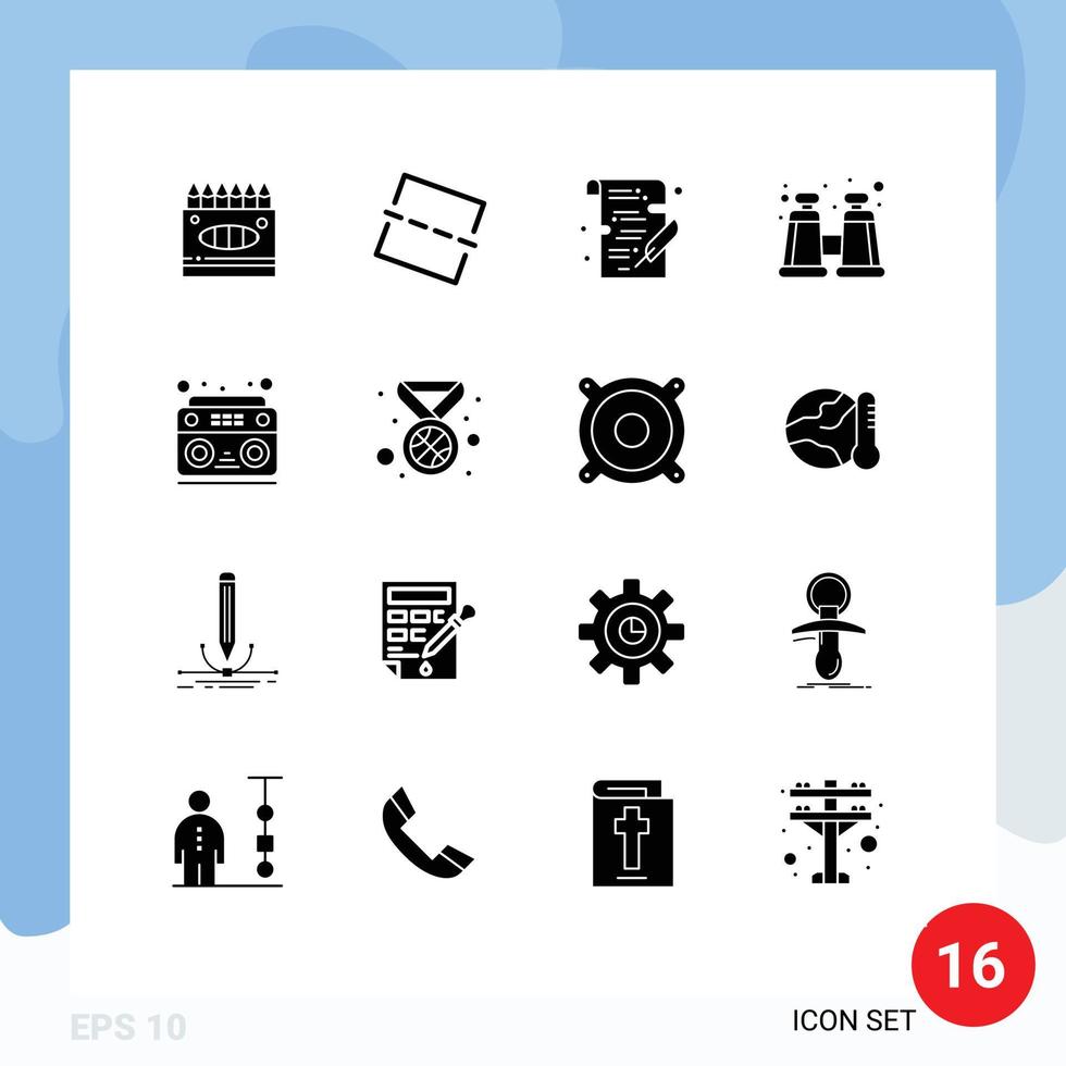 Set of 16 Commercial Solid Glyphs pack for radio music study audio explore Editable Vector Design Elements