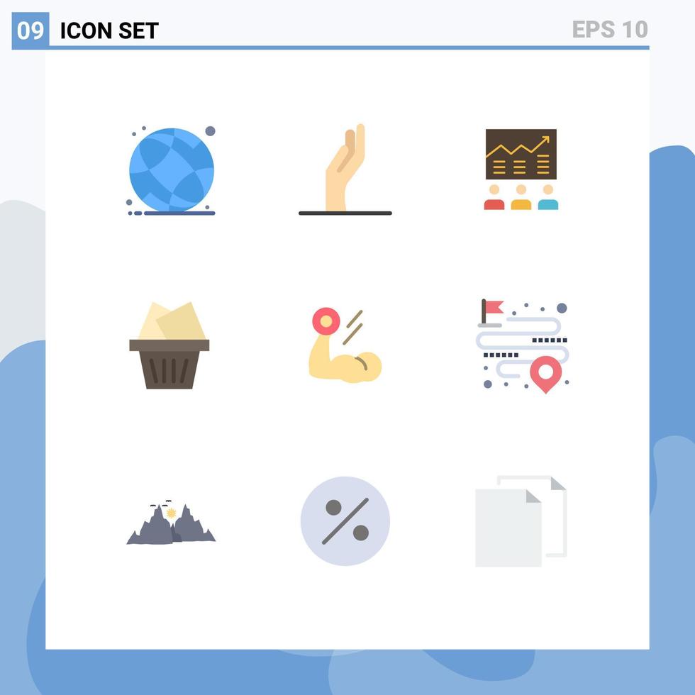 Flat Color Pack of 9 Universal Symbols of biceps mail arrow cart graph Editable Vector Design Elements