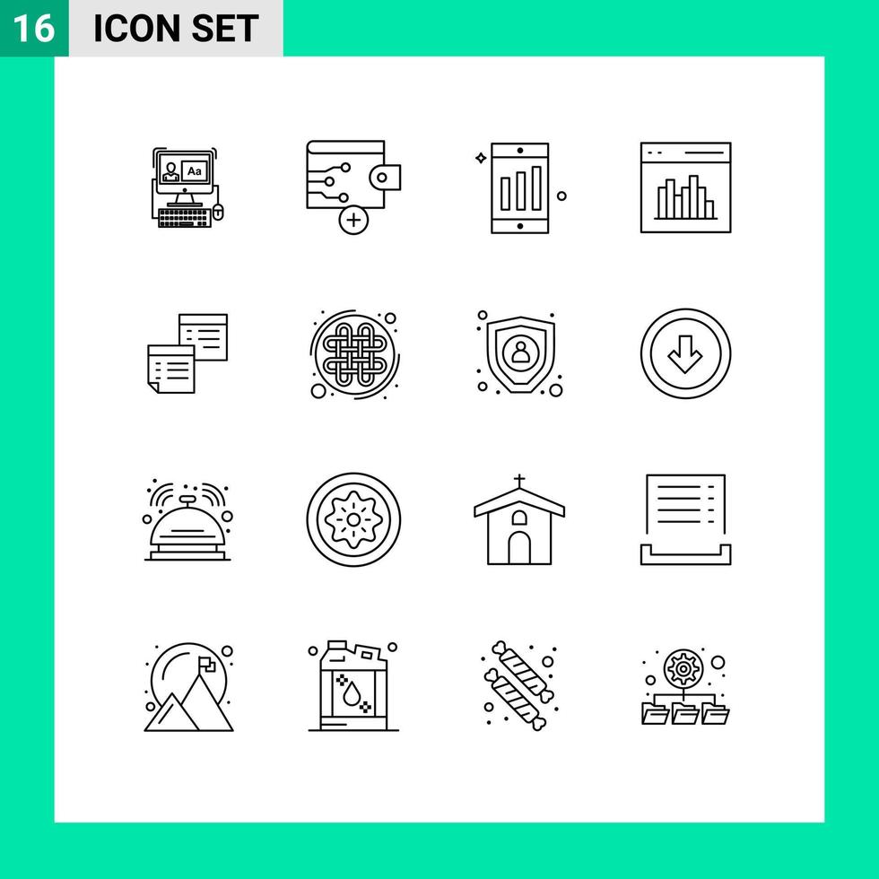 Mobile Interface Outline Set of 16 Pictograms of note sticky cell user communication Editable Vector Design Elements