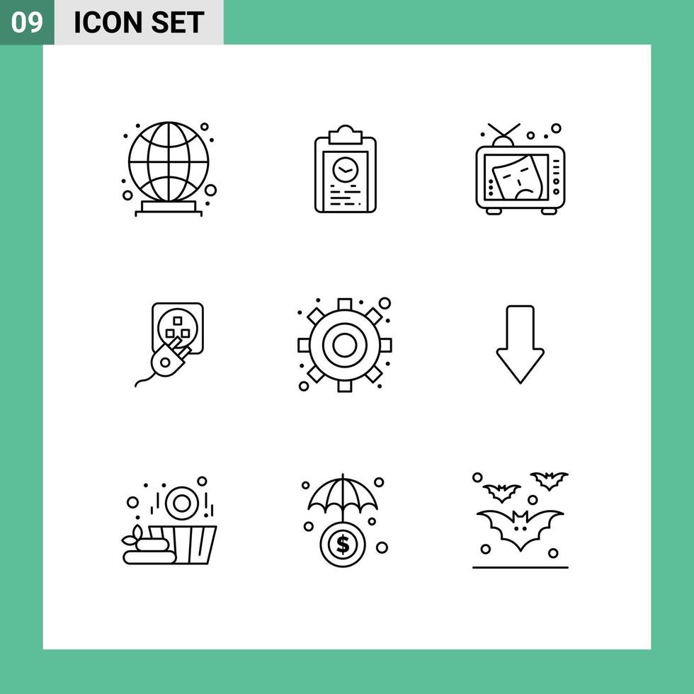 Pack of 9 Modern Outlines Signs and Symbols for Web Print Media such as charge electric tv electric paint Editable Vector Design Elements