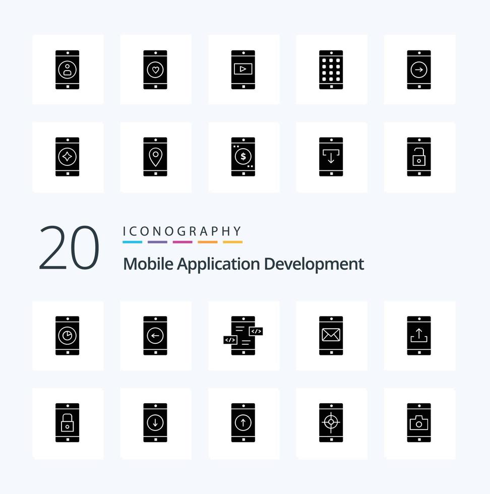 20 Mobile Application Development Solid Glyph icon Pack like mobile mail app development mobile application application vector