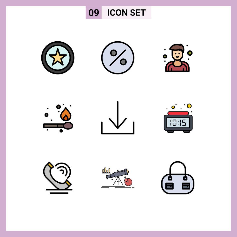 Filledline Flat Color Pack of 9 Universal Symbols of communication time fire digital alarm Editable Vector Design Elements