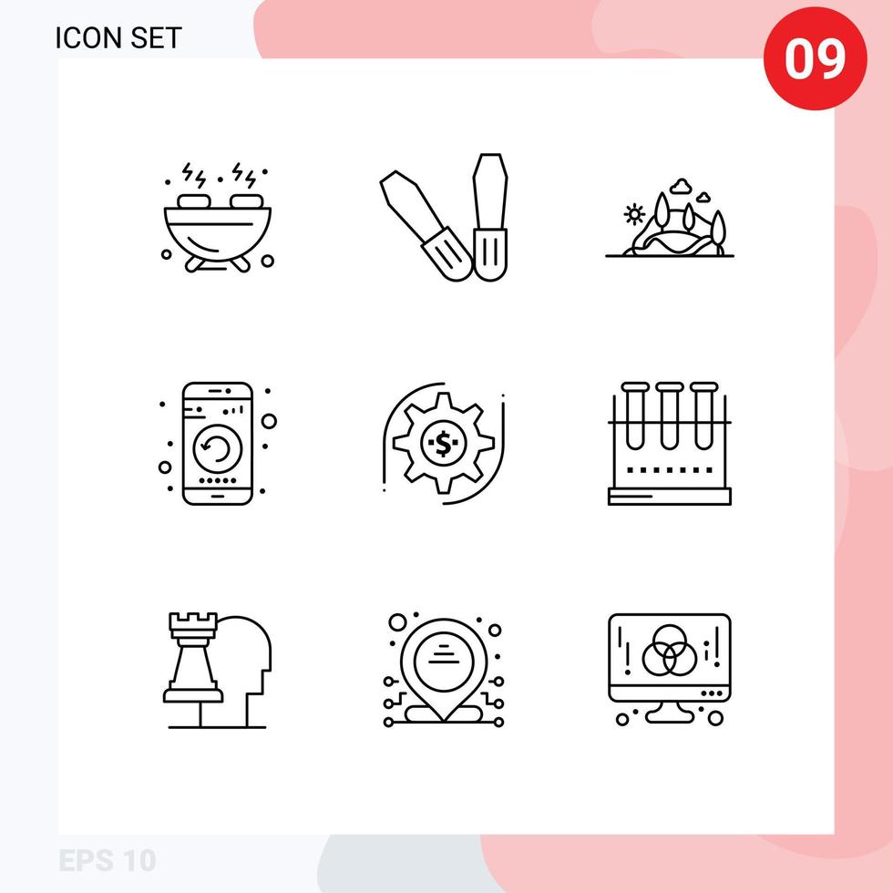 Outline Pack of 9 Universal Symbols of dollar gear mountain restart mobile Editable Vector Design Elements