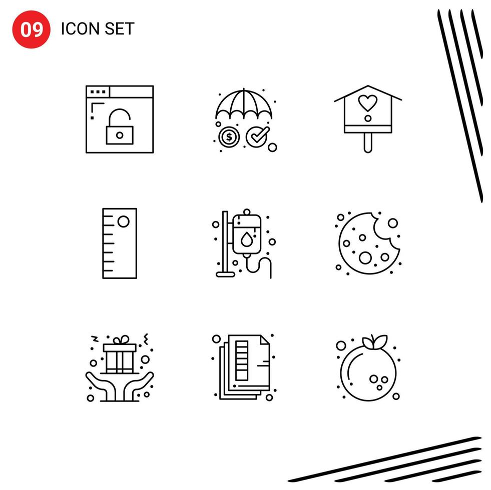 Group of 9 Outlines Signs and Symbols for pharmacy health bird drip ruler Editable Vector Design Elements