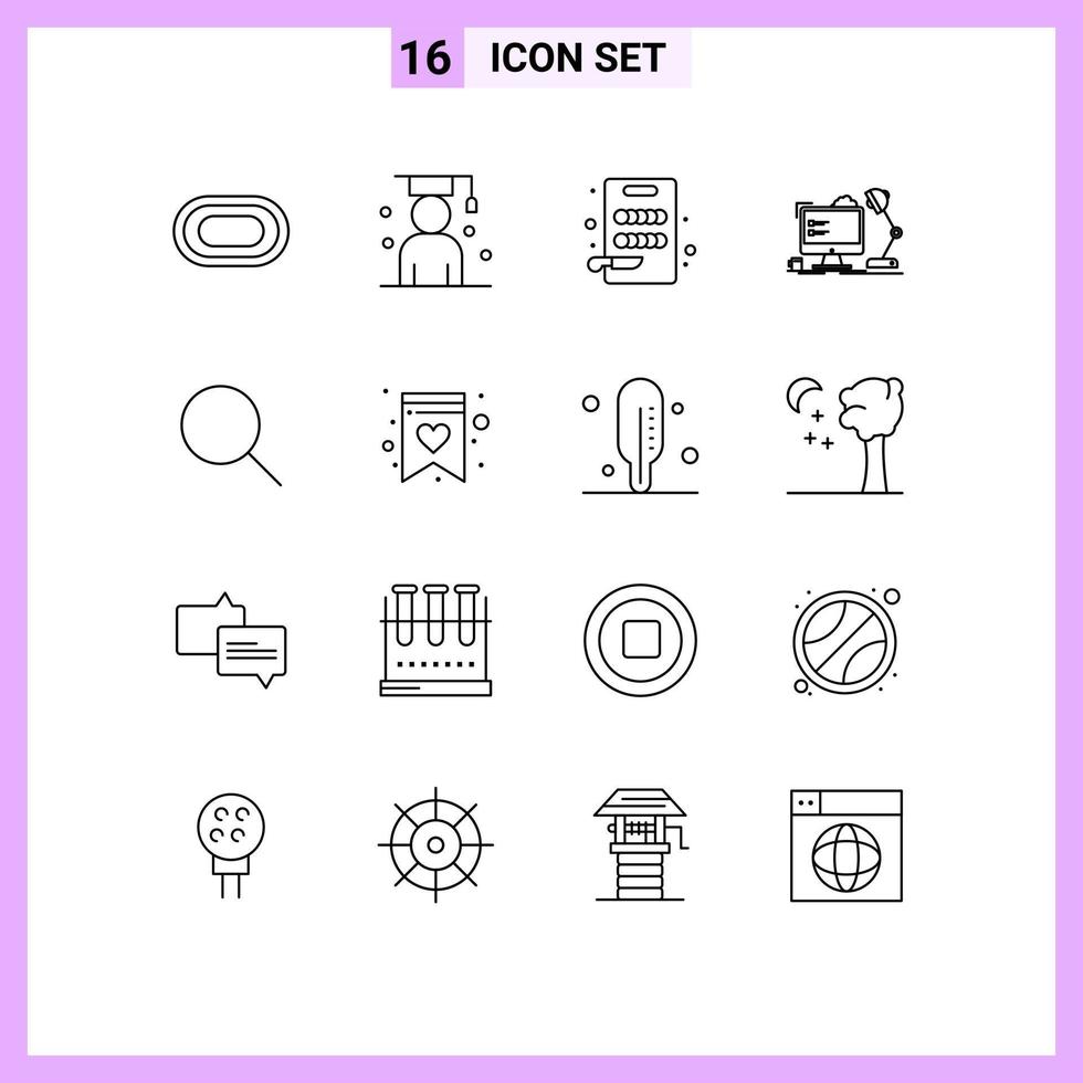 Group of 16 Modern Outlines Set for instagram lamp student office workplace Editable Vector Design Elements