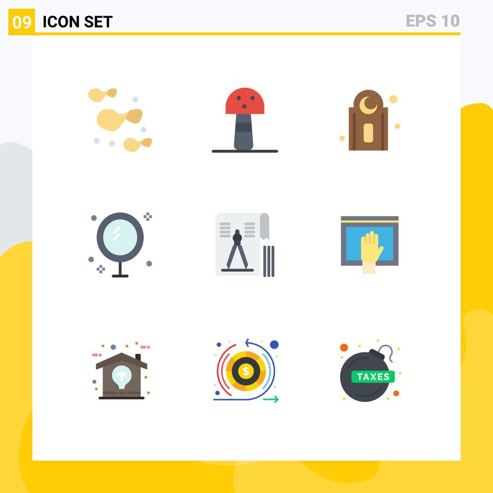 Mobile Interface Flat Color Set of 9 Pictograms of geometry drawing prayer compass mirror Editable Vector Design Elements