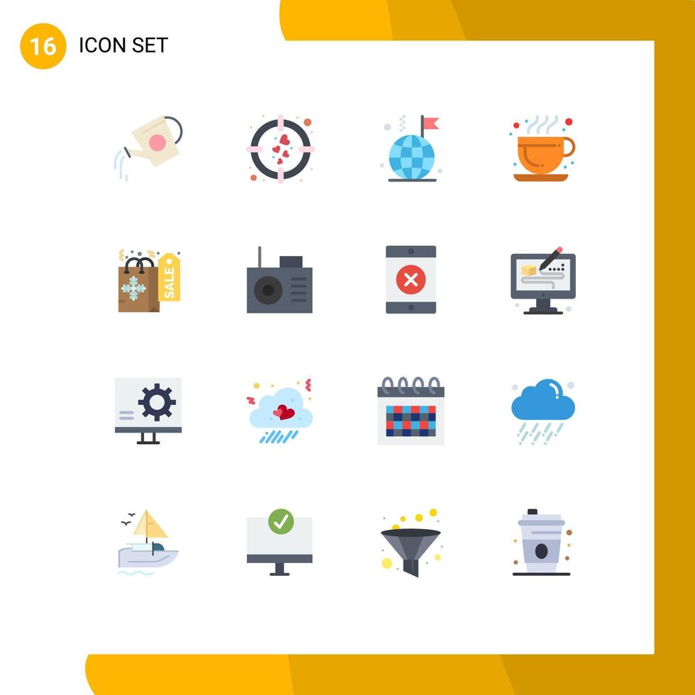 Flat Color Pack of 16 Universal Symbols of shopping hot coffee goal coffee flag Editable Pack of Creative Vector Design Elements