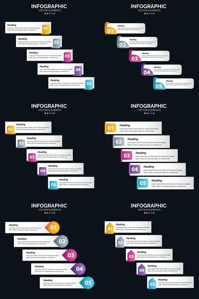 plantilla de diapositiva de presentación del paquete de infografías vectoriales 6 diagramas de ciclo de 5 pasos y líneas de tiempo vector