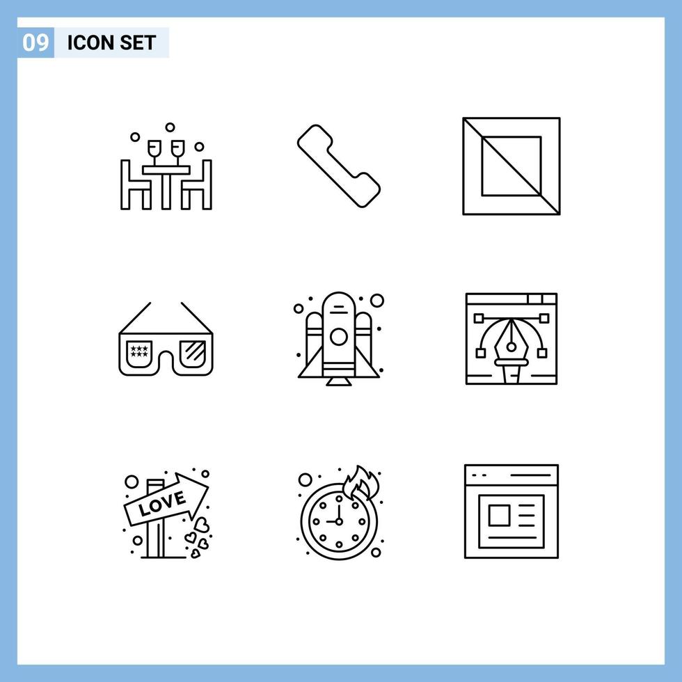 9 Universal Outline Signs Symbols of startup rocket cross usa glasses Editable Vector Design Elements