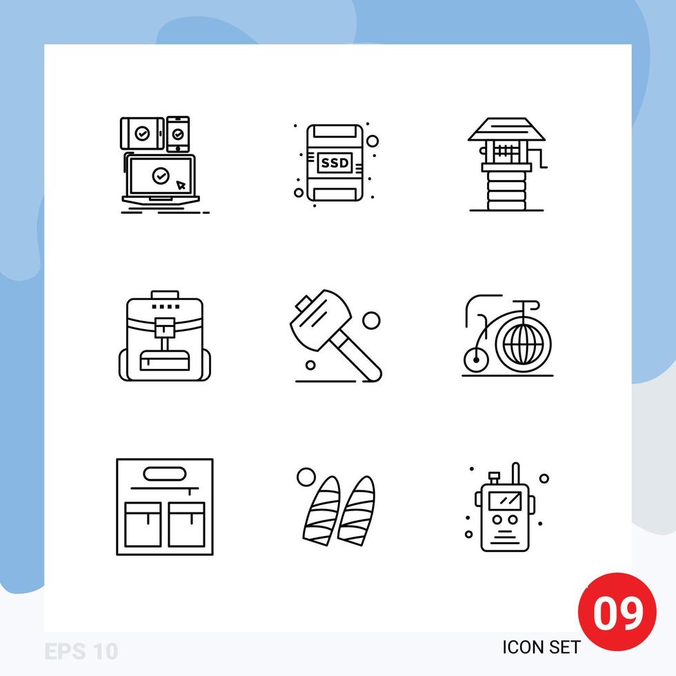 User Interface Pack of 9 Basic Outlines of hand service agriculture school bag Editable Vector Design Elements
