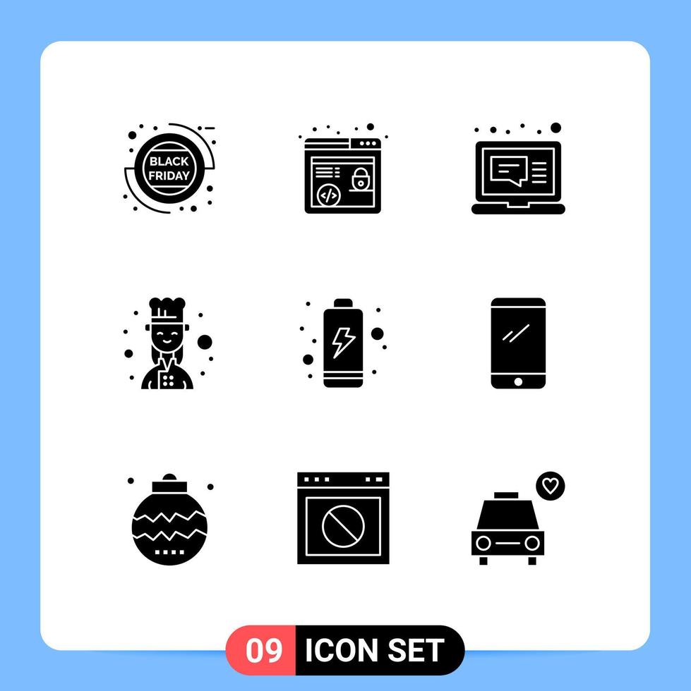 Editable Vector Line Pack of 9 Simple Solid Glyphs of electric battery computer female cook cook Editable Vector Design Elements