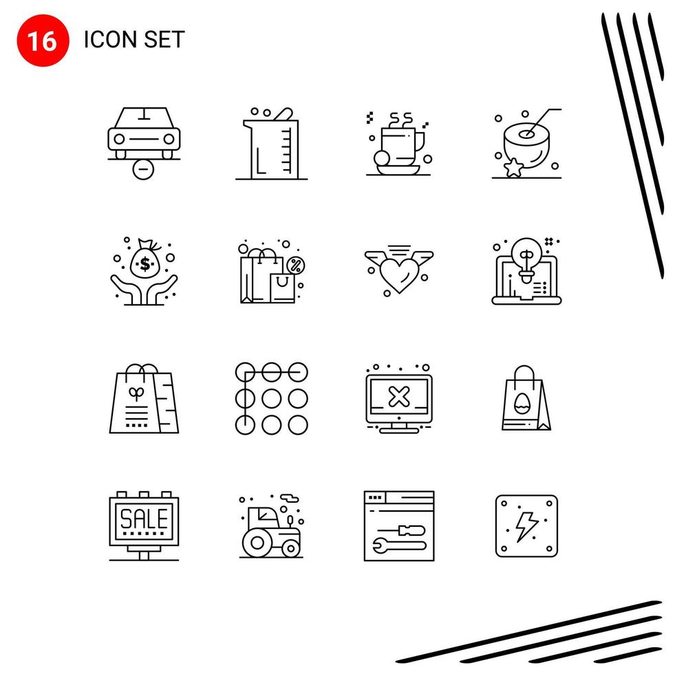 Set of 16 Modern UI Icons Symbols Signs for drink water chemistry coconut coffee Editable Vector Design Elements