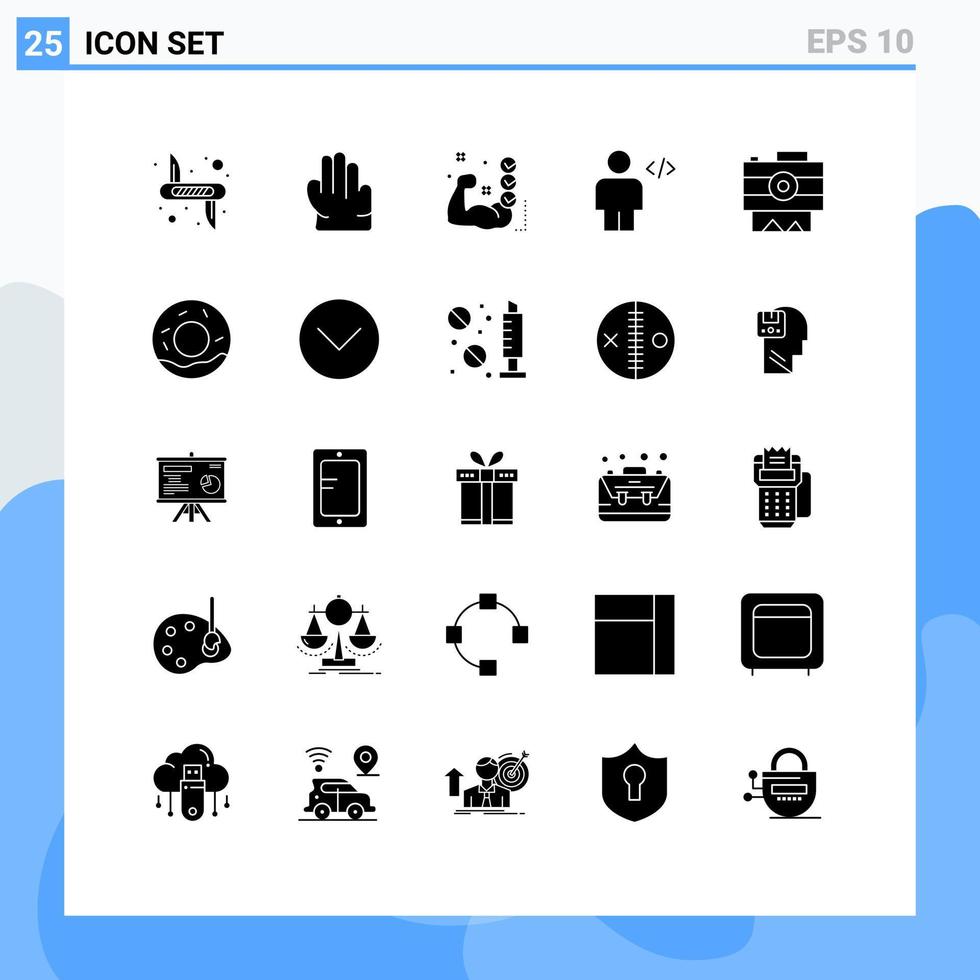 Group of 25 Solid Glyphs Signs and Symbols for camera human checklist code avatar Editable Vector Design Elements