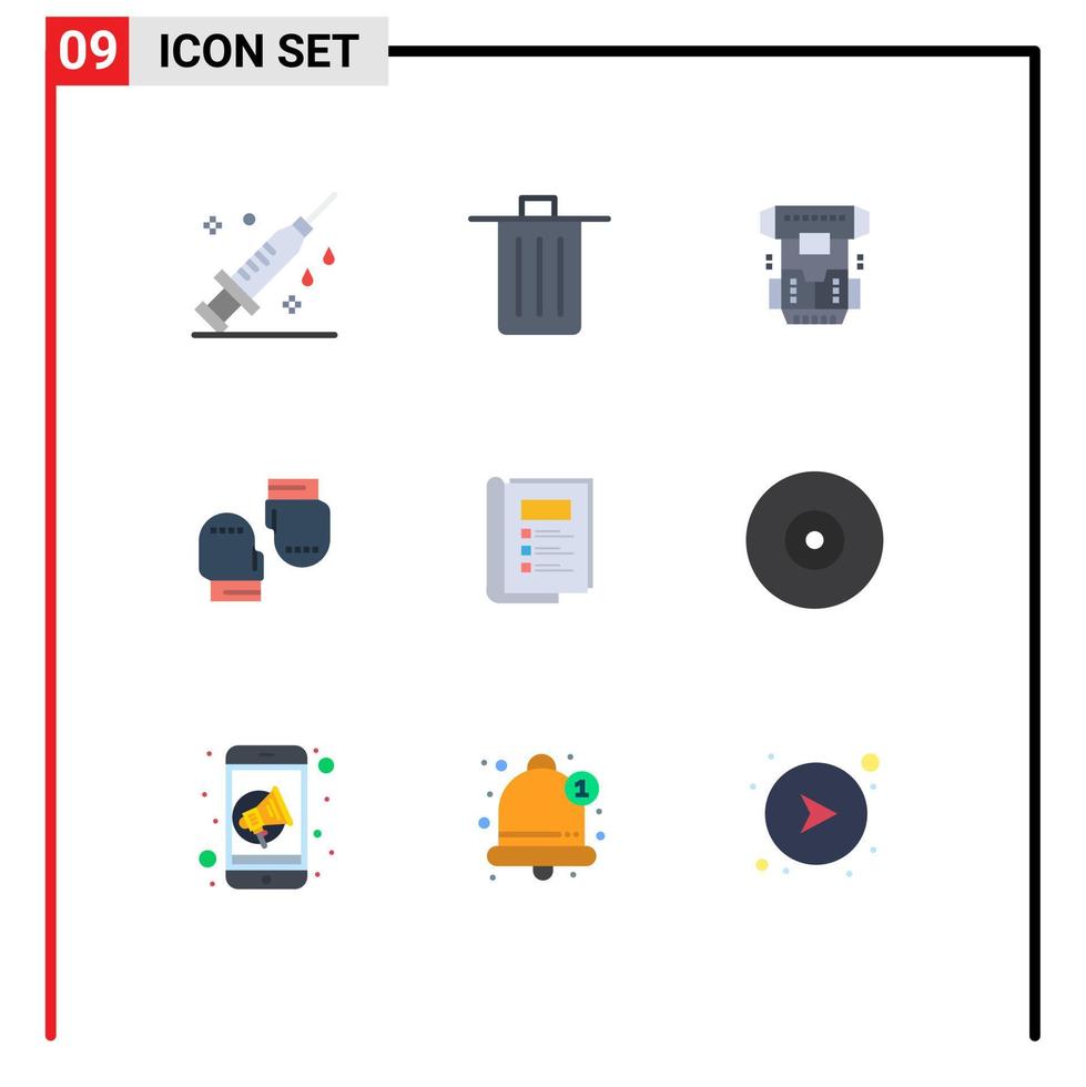Group of 9 Flat Colors Signs and Symbols for protective glove trash boxing cryonics Editable Vector Design Elements