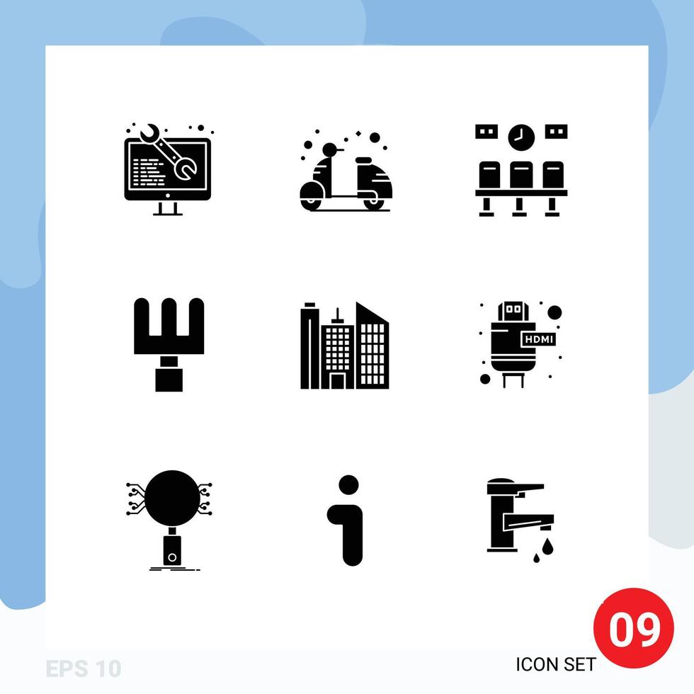 9 Universal Solid Glyph Signs Symbols of office building summer tools clock Editable Vector Design Elements