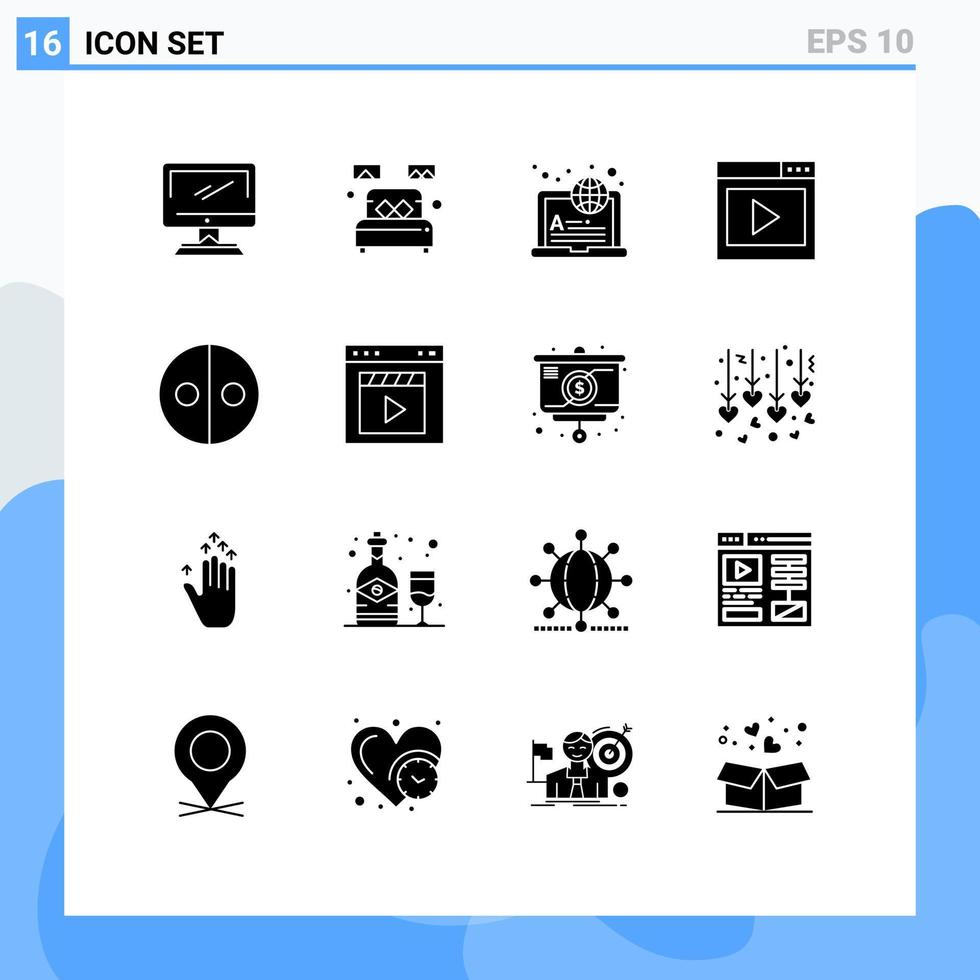 16 glifos sólidos vectoriales temáticos y símbolos editables de la interfaz de la página multimedia interfaz de suspensión multimedia que aprende elementos de diseño vectorial editables vector
