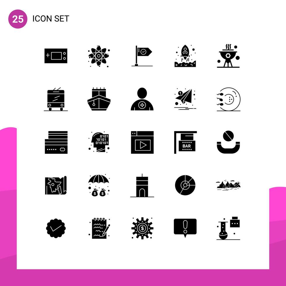 Editable Vector Line Pack of 25 Simple Solid Glyphs of rocket sign physics mark flag Editable Vector Design Elements