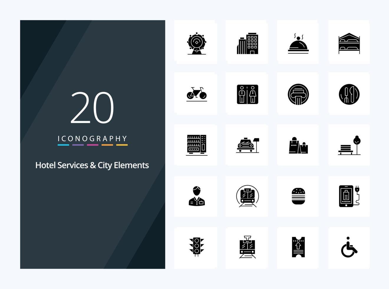 20 Hotel Services And City Elements Solid Glyph icon for presentation vector