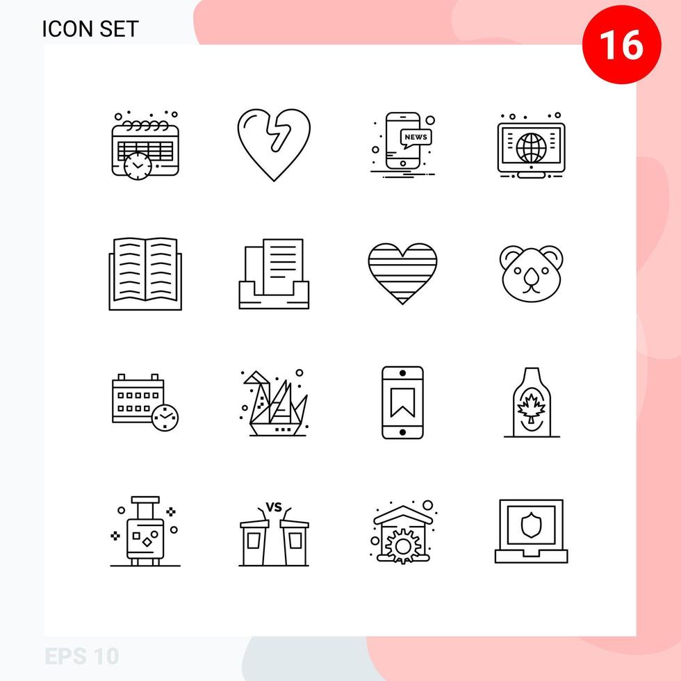 Set of 16 Commercial Outlines pack for outbox wreath notification education achievement Editable Vector Design Elements
