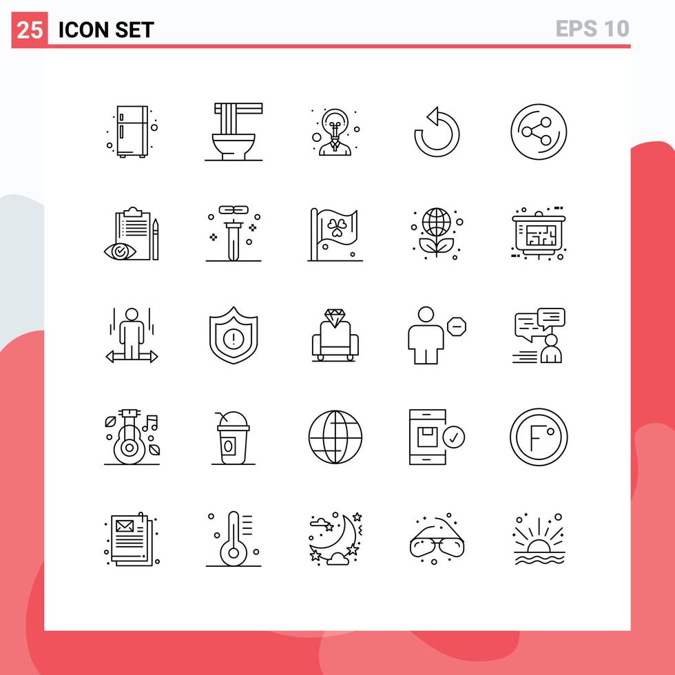 Mobile Interface Line Set of 25 Pictograms of quality control sharing idea share rotate Editable Vector Design Elements