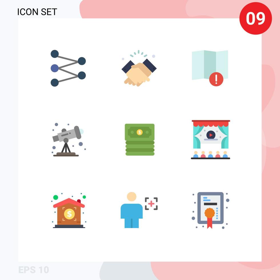 Mobile Interface Flat Color Set of 9 Pictograms of cinema dollar alert banking school Editable Vector Design Elements