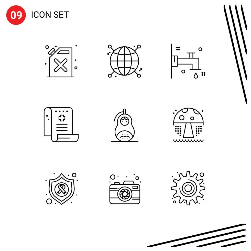 Stock Vector Icon Pack of 9 Line Signs and Symbols for matrioshka fraud bath report medical Editable Vector Design Elements