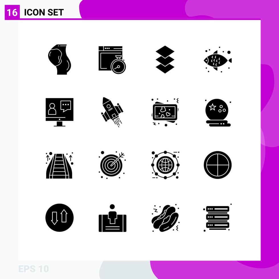 Set of 16 Modern UI Icons Symbols Signs for customer communication computing water fish Editable Vector Design Elements