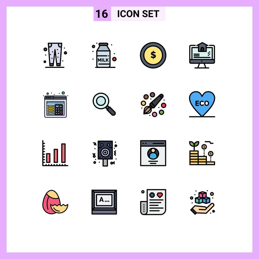 Pack of 16 Modern Flat Color Filled Lines Signs and Symbols for Web Print Media such as layout home business estate computer Editable Creative Vector Design Elements