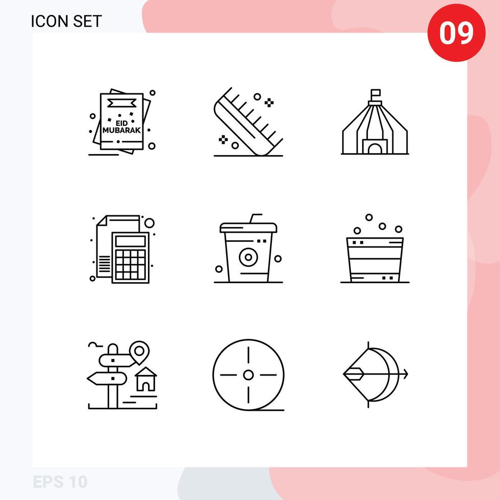 Mobile Interface Outline Set of 9 Pictograms of paper file hairdressing calculator circus Editable Vector Design Elements