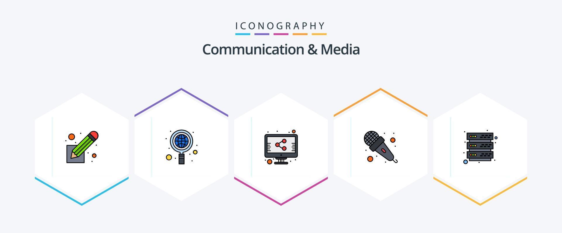 paquete de iconos de 25 líneas completas de comunicación y medios que incluye almacenamiento. base de datos. expediente. audio. micrófono vector