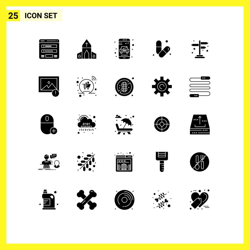 User Interface Pack of 25 Basic Solid Glyphs of pills health cross gym taxi Editable Vector Design Elements