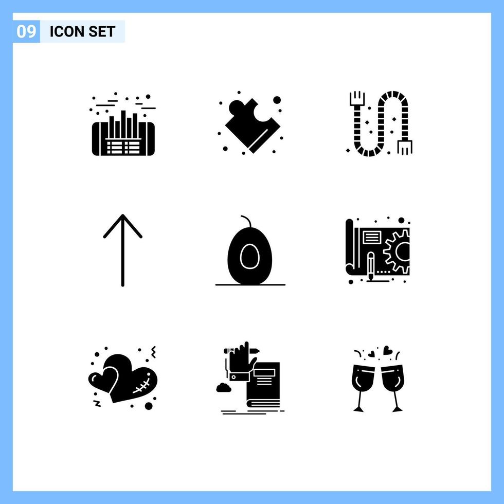 Pack of 9 Modern Solid Glyphs Signs and Symbols for Web Print Media such as plan fruits drain food up Editable Vector Design Elements