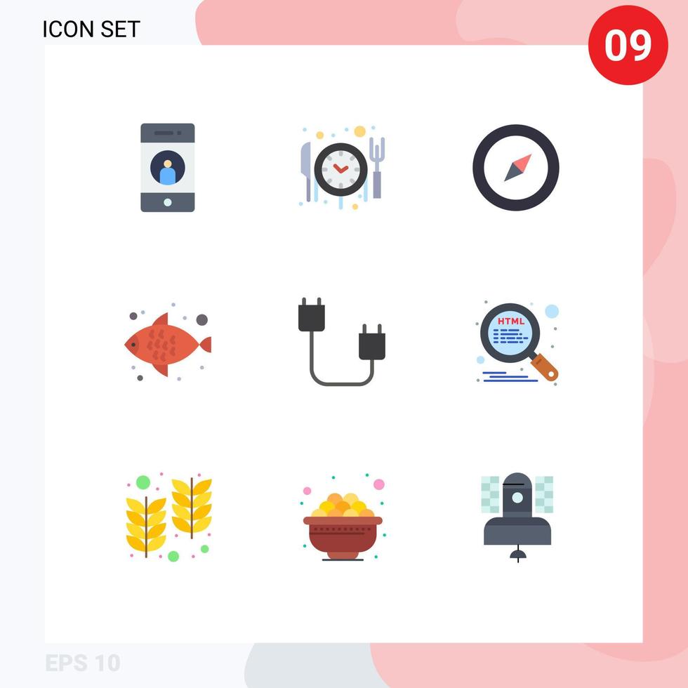 Group of 9 Flat Colors Signs and Symbols for gadget cord compass computers sea food Editable Vector Design Elements