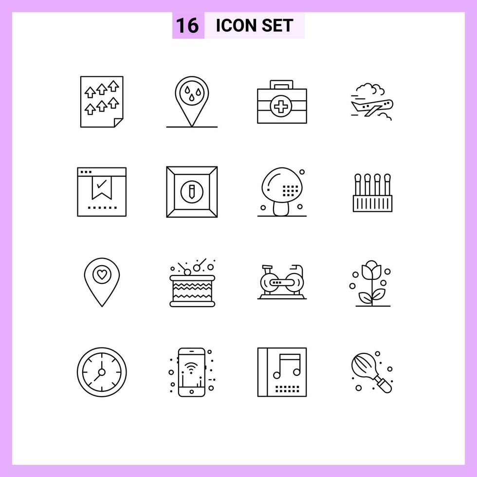 Set of 16 Vector Outlines on Grid for good bookmark hospital fly plane Editable Vector Design Elements