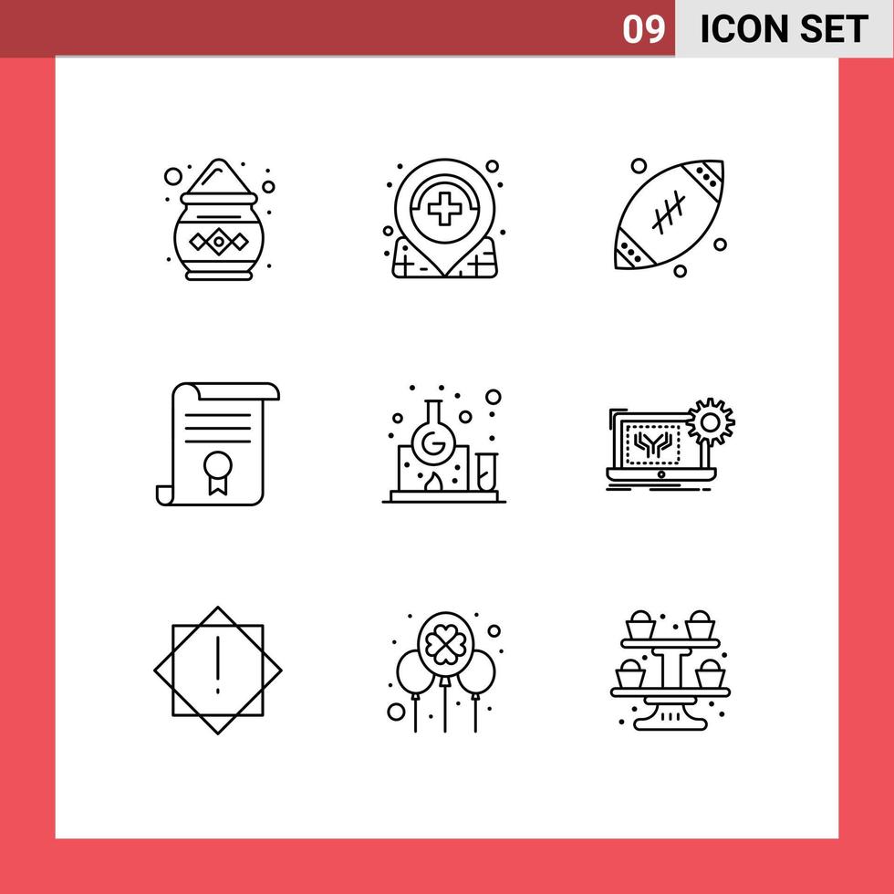 Pictogram Set of 9 Simple Outlines of chemistry document dad diploma certificate Editable Vector Design Elements